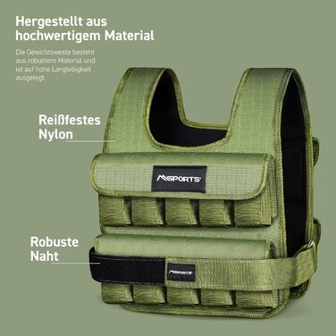 Вага для тренувань MSports Premium, регульована 5-30 кг, вага для бігу, фітнесу, силових тренувань (15 кг, Military Green)