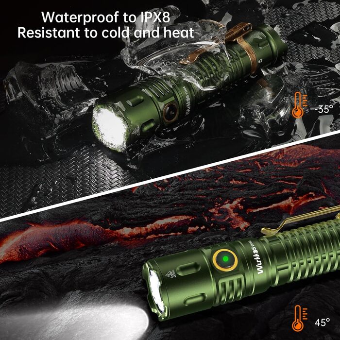 Wurkkos TD04 тактичний ліхтарик 3000 люмен, LED, акумуляторний, 8 режимів, IP68, водонепроникний, для активностей на відкритому повітрі та в приміщенні, зелений