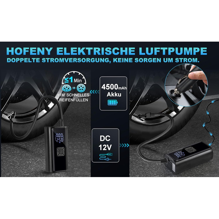Портативна акумуляторна повітряна помпа для велосипеда - Hofeny, компресор, LED-ліхтар, для авто та мотоцикла
