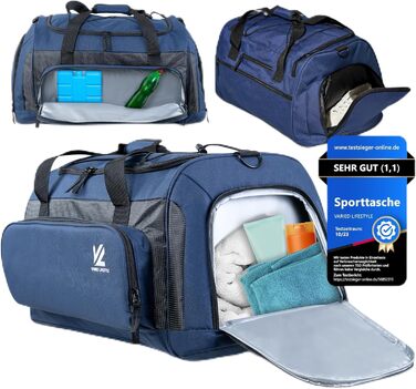 Спортивна сумка V® з відділенням для взуття, мокрою білизною та ізольованим холодильним відсіком. Сумка для сауни, подорожей, спортзалу, фітнесу, плавання. Чорно-сірий (XL, Синьо-карбоновий)