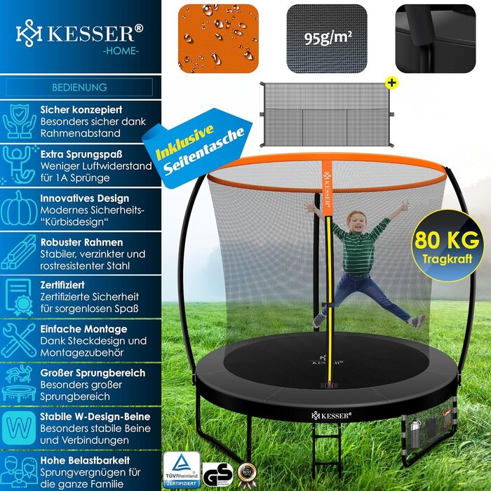 Трамплін KESSER® Ø 244/305/366/427 см | Сертифікований TÜV Rheinland GS | Садовий трамплін для дітей до 150 кг | Комплект з сіткою безпеки (244 см, Оранжевий / Антрацит)