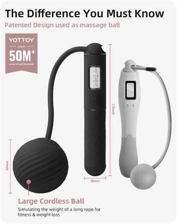 Бездротовий скакалка YOTTOY 2-в-1 з лічильником та обтяженням, LCD-дисплеєм для кардіо та кросфіту, чорна