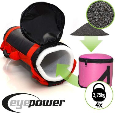 Фітнес мішок EYEPOWER 15 кг + 4 гирі, наповнений залізним піском, 6 ручок, для домашніх тренувань, тренажер для пресу та спини, чорний-червоний, 18x50 см