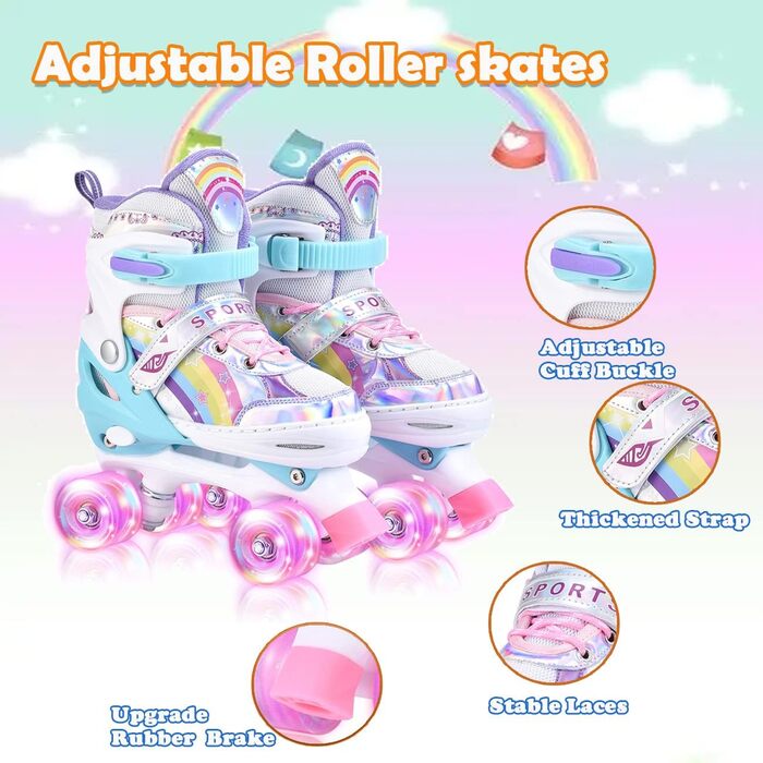 Дитячі ролики для дівчаток з регулюванням розміру, світлодіодні, для підлітків та початківців. Розміри 31-42, ролики. Ролики з регулюванням для дітей, кольори веселки