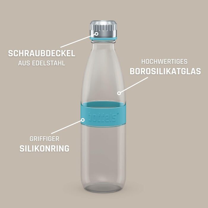 Скляна пляшка для води boddels DREE 650 мл з неопреною чохлом, боросилікатне скло, герметична, з гвинтовою кришкою, для спорту, школи, без BPA, бірюзова