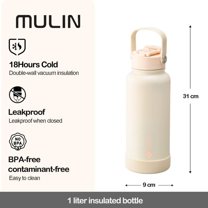 Термос MULIN з нержавіючої сталі, 1 л, пляшка для води, BPA-Free, для газованої води, ізольована з трубочкою, герметична, для дітей, спорту, фітнесу