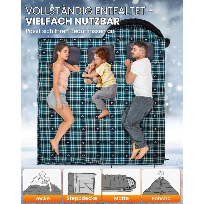 Спальний мішок KingCamp Flannel для дорослих, 3-4 сезони, ультралегкий, бавовна, теплий, ковдровий, водонепроникний, для кемпінгу, чорний, L, блискавка