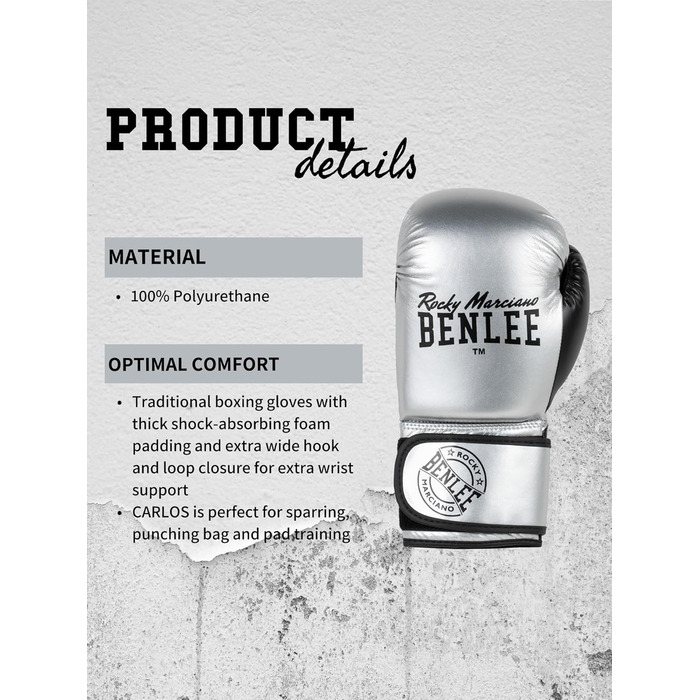 Боксерські рукавички BENLEE Carlos з екошкіри, 06 oz, срібно-чорні