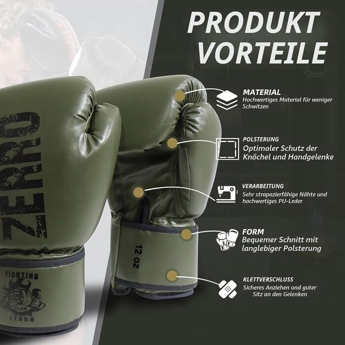 Боксерські рукавички ZERRO для кікбоксингу, тайського боксу та MMA, 12 oz, зелені