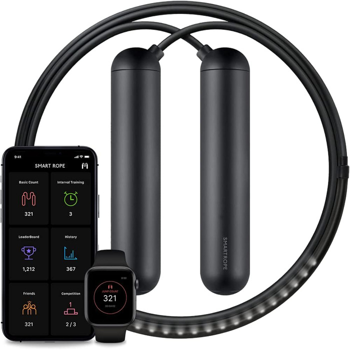 Розумна скакалка TANGRAM Factory Smart Rope – ED з вбудованою пружиною – переглядайте показники фітнесу в повітрі (Чорний, M)