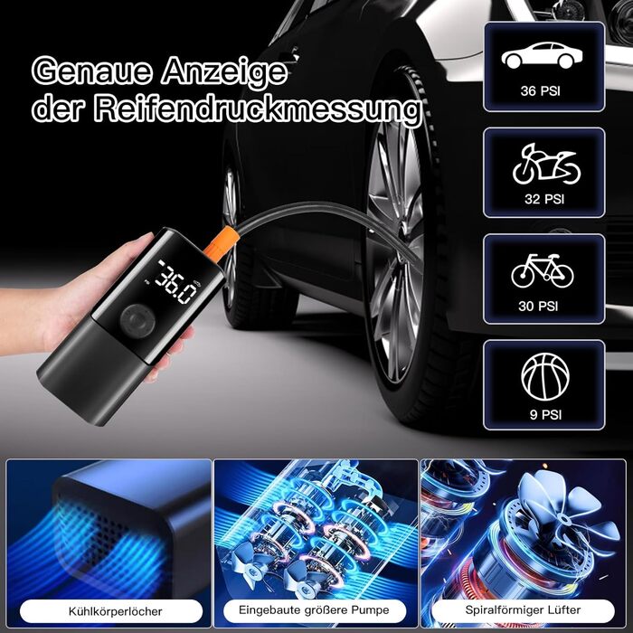 Електричний насос Viafexna 6000mAh, 150 PSI, з манометром для авто, велосипедів, м'ячів, матраців, лампа та Powerbank