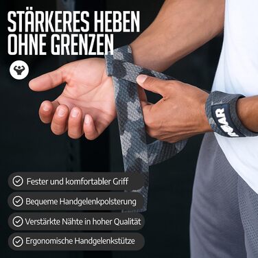 Roar® Ремені для підйому ваги (м'які) для силових тренувань, бодібілдингу, фітнесу - ремені для станової тяги - підтримуючі ремені - для жінок та чоловіків (Cammo)