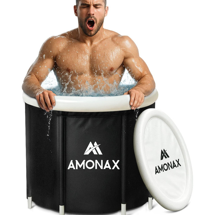 Тонна для криотерапії Amonax Eisbaden: портативна ванна для холодової терапії з термометром, кришка та покриття, чорний колір