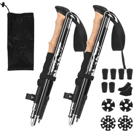 Тростини для скандинавської ходьби - 2 шт. Telescopic, алюміній, 33–125 см, складані, з ергономічними ручками та 12 гумовими наконечниками для піших прогулянок, альпінізму, кемпінгу та активного відпочинку. Чорний колір