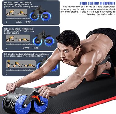 AB Wheel TWSOUL: тренажер для пресу з автоматичним відскоком та килимком, для зміцнення м'язів кора (Блакитний)