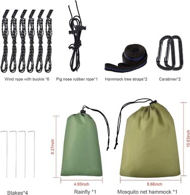 Гамак для кемпінгу з москітною сіткою та тентом від дощу, з ременями для кріплення до дерева. Великий гамак для одного або двох, парашутна модель. Підходить для походу, кемпінгу, відпочинку на природі. Армійний колір (армійний зелений).