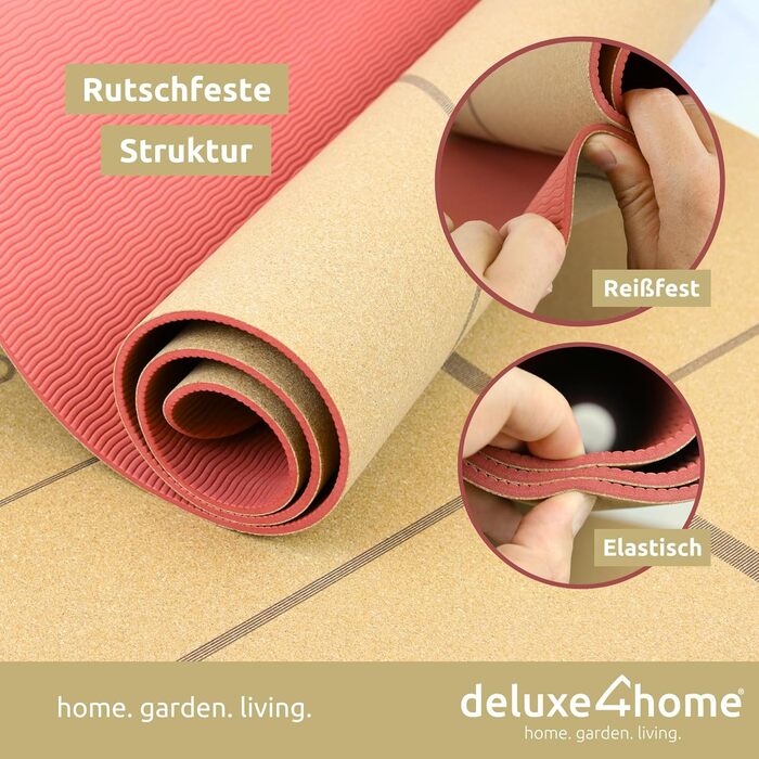 Йога мат для фітнесу Deluxe4Home® з корку, TPE, з ручкою для перенесення, з лінійками для вирівнювання, червоний