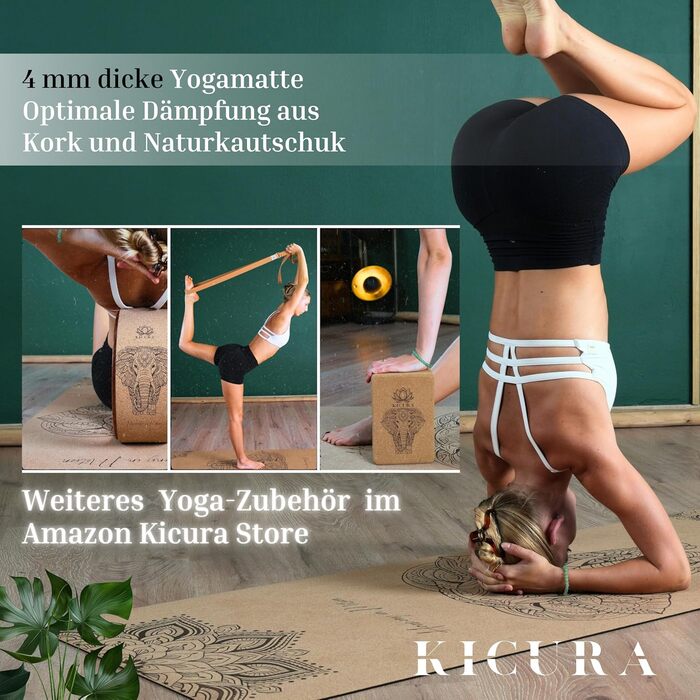 Йога-мат Kicura з корку та натурального каучуку з дизайном слона – неслизька преміум-мат, 4 мм, з ремінком – екологічна, 3 розміри (M, L, XL) (M - 173x61x0,4 см)