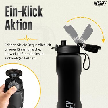 Спортивна пляшка NEUREFY 1 л чорна матова, Tritan, BPA-free, з носиком, для води, з фільтром, індикатором об'єму, для фітнесу, офісу, школи, університету, герметична