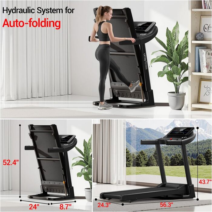 Біговий тренажер UMAY з нахилом 14 км/год, складаний для дому з мотором 3.0 PS та 3 рівнями нахилу, 12 програм тренувань, максимальне навантаження 136 кг, нахил 15%