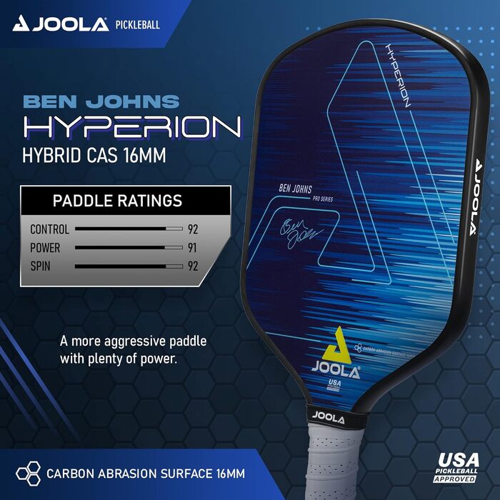 Професійна ракетка для піклболу JOOLA Ben Johns Hyperion Pro Tournament Edition, поліпропіленовий стільниковий сердечник 13,5/14/16 мм, світова технологія покриття