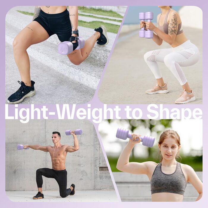 Набір гантелей Sportneer регульовані жіночі – 2 шт. (1–2,5 кг) з неслизьким TPU-покриттям, 4-в-1 для дому, фітнесу та силових тренувань Aura-Lavendel