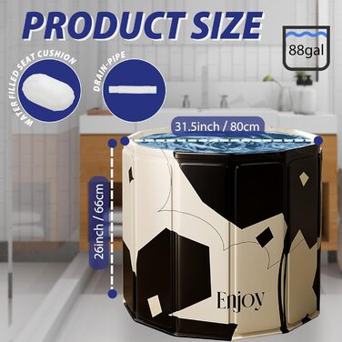 Складана портативна ванна для дорослих STARBRIIANT (80x66 см) — крижана ванна для відновлення м'язів, SPA та спорту, чорно-біла, розмір L