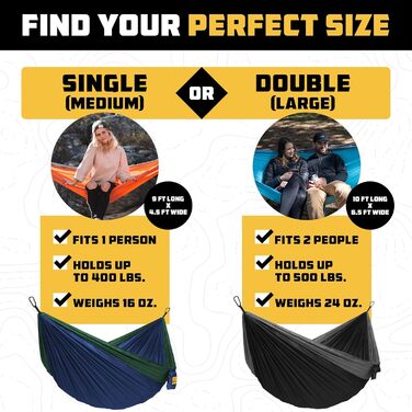 Гамак для кемпінгу Wise Owl Outfitters – односпальний або двоспальний, для дому та вулиці, з сумкою для зберігання, аксесуарами для рюкзака та подорожей, оранжевий / сірий