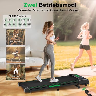 Walking Pad - біговий доріжки для дому з регулюванням нахилу до 9%, потужність 2.5HP, LED-дисплей, пульт дистанційного керування, 12 програм, подвійне амортизація, до 150 кг, чорно-зелений