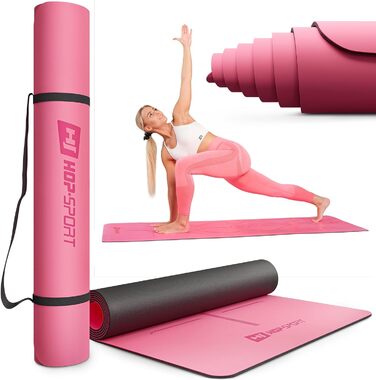 Килимок для йоги Hop-Sport 183x68 см, рожевий, нековзкий каучуковий, для пілатесу та фітнесу, 0,5 см + ремінь для перенесення