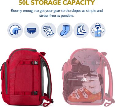 Рюкзак для гірськолижного спорту Unigear 50L/70L з відділенням для шолома (червоний, 50/70 літрів)