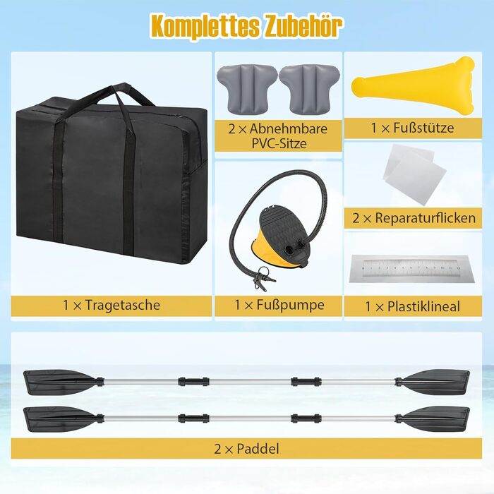 Надувний каяк COSTWAY для 2 осіб, тандем-каяк із знімними сидіннями, алюмінієвими веслами, ножним насосом і сумкою, для озер та річок, 357×80×38 см