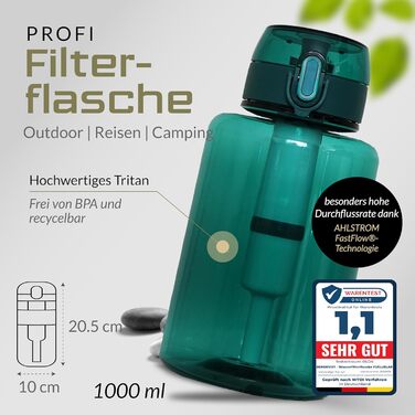 Пляшка з фільтром BERGKVIST FJÄLLKLAR 1 л для очищення води під час кемпінгу, туризму та виживання, зелена, фільтр AHLSTROM