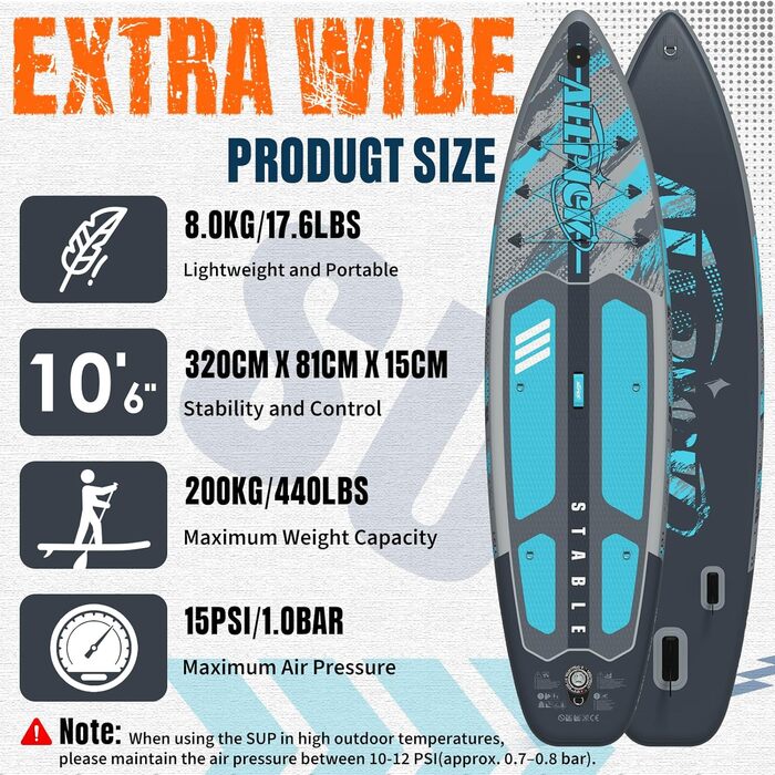 Надувний SUP Борд ALLPICK Premium Set: Комплектація для початківців та просунутих, з камерою, регульованим веслом, 200 кг, колір: ошм'ятково-блакитний