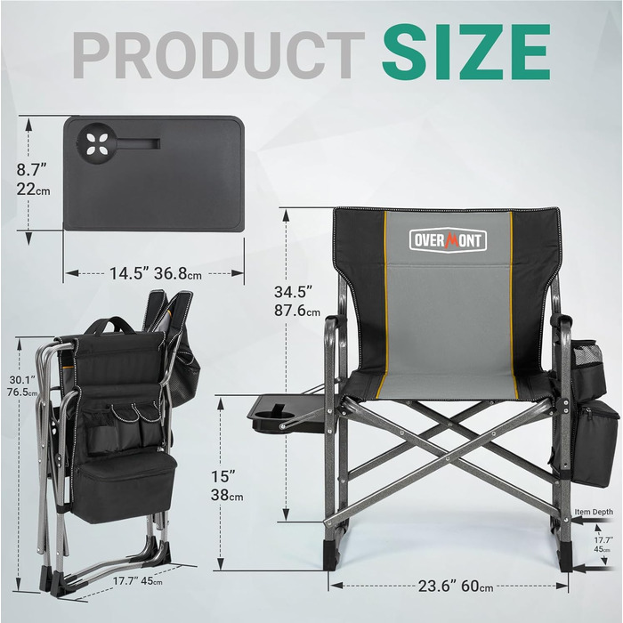 Крісло для кемпінгу OVERMONT: складне, з підспівателем та сумкою-холодильником - до 180 кг, чорне