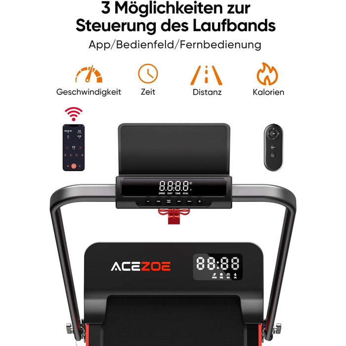 Біговий тренажер 6 в 1 для дому, складаний, з регулюванням нахилу 10% та ручкою. Підходить для дому/офісу, LED-дисплей, до 135 кг, пульт дистанційного керування та додаток. Без встановлення (червоний)