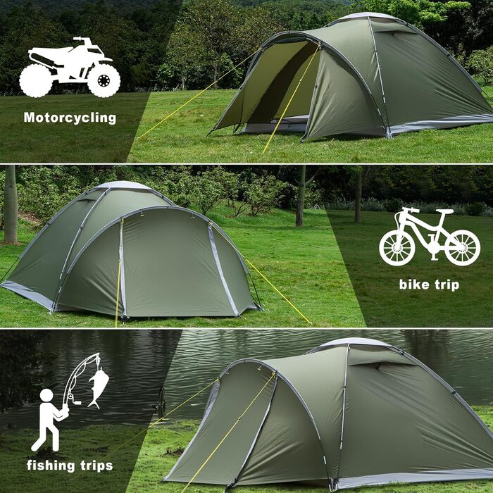 Намет для кемпінгу на 2-4 особи з тамбуром, водонепроникний (PU5000), зелений, для подорожей, трекінгу, кемпінгу та відпочинку на природі