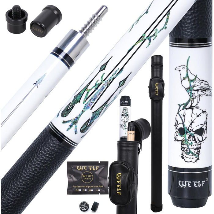Професійний бик CUEELF з мотивом черепа, бик для більярду, низька деформація, 13 мм, чорна вершина, тверде дерево, канадський клен, бик для більярду (19.5 oz, білий/розкішний сад)