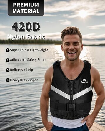 Рятувальний жилет Owntop для дорослих (XL/XXL, 70+ кг) – унісекс, для каякінгу, риболовлі, вітрильного спорту та водних видів спорту, чорний