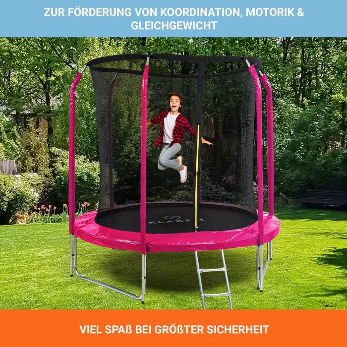 Батут Klarfit Jumpstarter - дитячий, 250 см, рожевий. З перилками, сіткою та сходами. Для активних ігор та фітнесу на вулиці. Підходить для дітей 5-9 років.