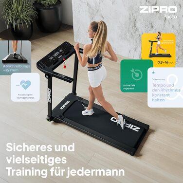 Біговий тренажер ZIPRO для дому, складаний, 1-16 км/год з APP, компактний Walking Pad з Bluetooth та MP3, тихий Walkingpad з LED-дисплеєм (Pacto)
