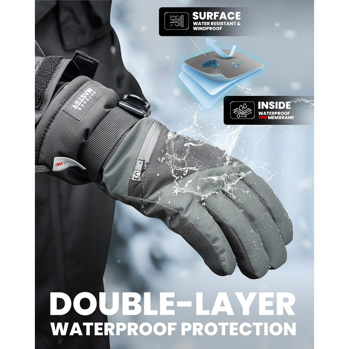 Зимові гірськолижні рукавички OutdoorMaster з ізоляцією 3M Thinsulate, терморукавички для чоловіків та жінок, чорно-сірі, розмір S