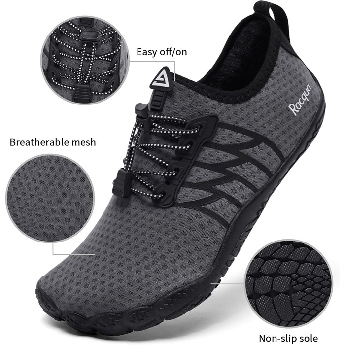 Водні черевики Raqua для жінок та чоловіків: дихаючі, швидковисихаючі, для басейну, пляжу та аквафітнесу (46 EU, Wz119 Grey)