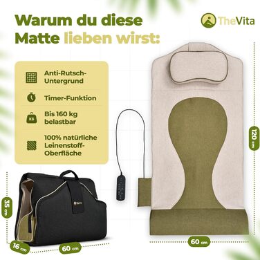 Електрична масажна килимок VitaStretch з льону | 4 програми для спини, плечей, стегон | Функція підігріву, таймер