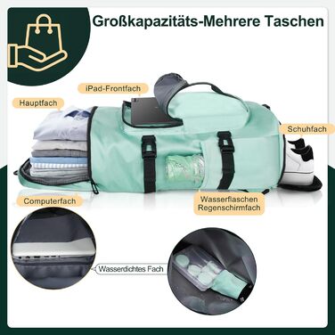 Спортивна сумка для чоловіків та жінок, 30L. Рюкзак з відділенням для взуття та мокрих речей. Ідеально для плавання, спорту, йоги, футболу (зелена, 30L)