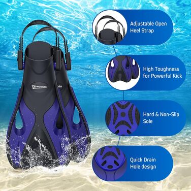 Набір для снорклінгу для дітей з ластами, маска з антизапітнінням 180° панорамний огляд, регульовані плавальні ласти та преміум сухий снорк, 3 в 1 набір для снорклінгу для дітей з сумкою, L/XL(31-36), блакитний