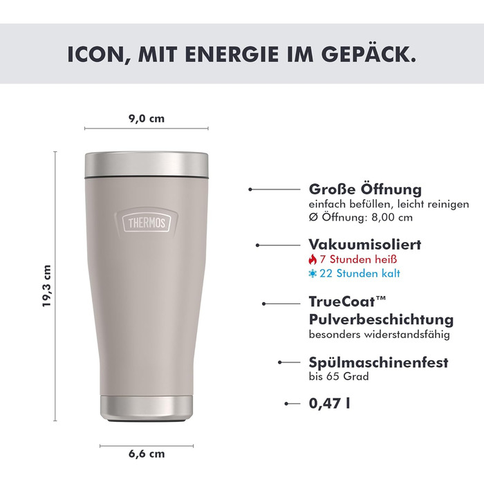 Термос ICON Thermobecher бежевий 0.47л - 7 год гарячий & 22 год холодний, нержавіюча сталь, герметичний, посудомийна машина, без BPA