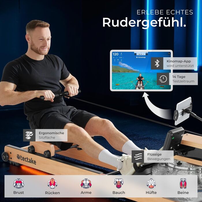 Гребний тренажер tectake з водяним опором та пульсоміром, складаний дерев'яний симулятор веслування для дому, до 150 кг