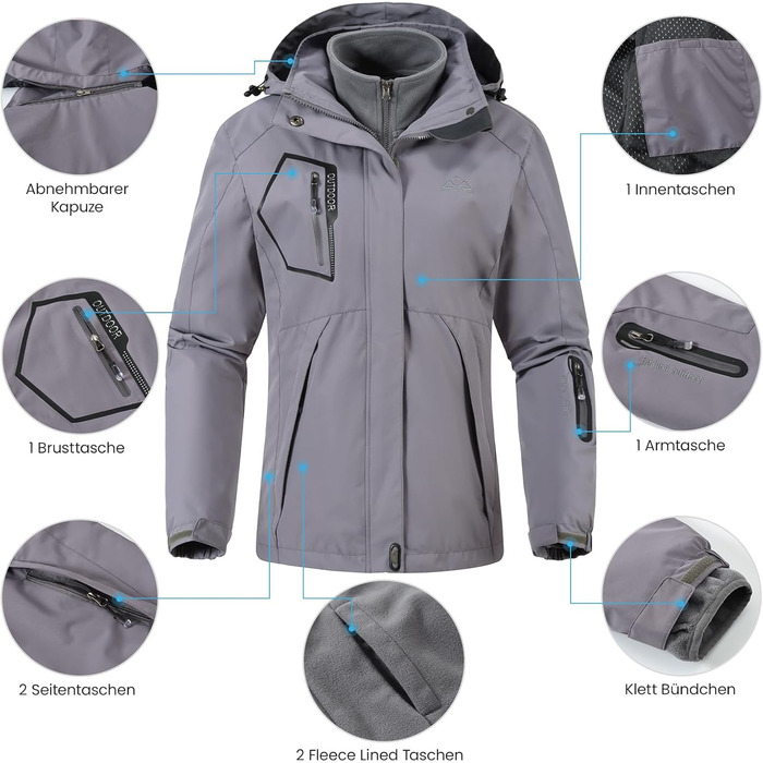 Жіноча куртка 3-в-1: вітро- та водовідштовхуюча, з флісовою підкладкою, тепла зимова куртка з капюшоном (сіра, XXL)