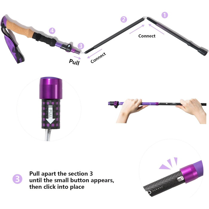 Телескопічні палиці для скандинавської ходьби та гірських походів BISINNA, карбонові, з корковими ручками, ультралегкі, фіолетові, 100-115 см